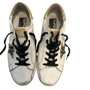 Golden Goose White and Gold Sneakers with Leopard Detail